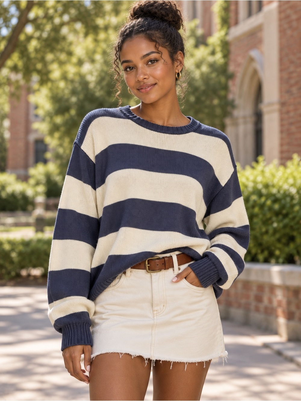 Brandy Melville Navy & Cream Striped oversized Crewneck Sweater
